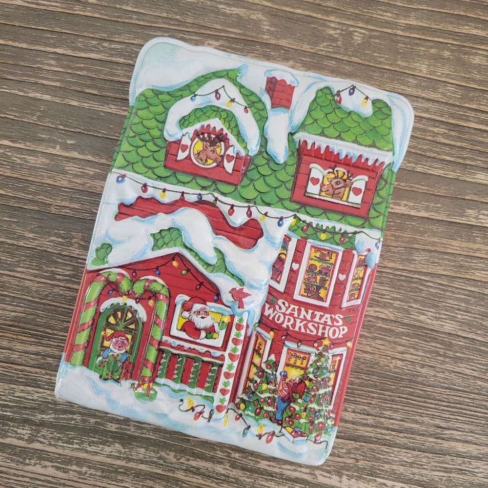 Vintage Ullman Co. plastic Christmas Santa's workshop cookie container